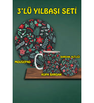 Yılbaşı Temalı 3'lü Bilek Destekli Mousepad Kupa Ve Bardak Altlığı Seti