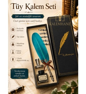 Kalemhane Nostaljik Tüy Kalem Seti 5 Uçlu Mürekkep Hokkası ve Standlı Hediyelik Kutulu