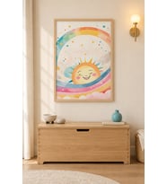 Gökkuşağı ve Güneş Yıldızlı Pastel Ahşap Çerçeveli Duvar Tablosu
