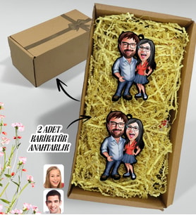 BK Gift Hediye Kutulu Kişiye Özel Sevgililer Karikatürlü Ahşap 2'li Ahşap Anahtarlık-105