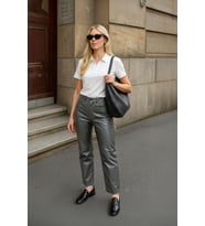 Kadın Yüksek Bel Parlak Mum Kumaş Wide Leg Jean Pantolon (Füme)