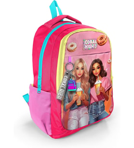Kids Pembe Neon Mercan Fashion Girl Desenli Üç Bölmeli Okul Sırt Çantası 23669