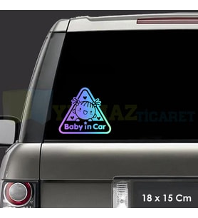 Gülen Bebek Kalp Arabada Bebek Var Hologram Araba Oto Sticker Renkli Etiket Çıkartma 18 x 15 Cm