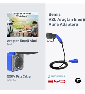 Bemis V2L (Vehicle to Load) Elektrikli Araç Uyumlu Tekli Priz Uzatma Adaptörü – 3 Metre – Byd- Skywell