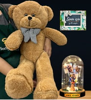 Premium Set - Büyük Boy Kahve Peluş Ayıcık ve İsimli 3 Fotoğraflı Led Işıklı Fanus (Model 9)