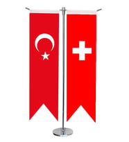 Masa Üstü Kırlangıç İsviçre + Türk Bayrağı + Krom T Direk Masa Bayrak Seti
