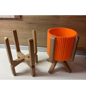 3D Baskı Ayaklı Çizgili Saksı - Bej Standlı Dekoratif Saksı - Turuncu