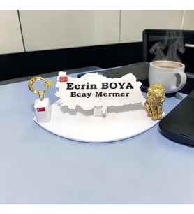 Doğal Beyaz Mermer İsimlik Haritalı Gold Dikme Ay Yıldız ve Arslan lı