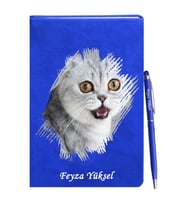 Kişiye Özel Kedi Tasarımlı Mavi Defter Kalem Hediye Seti