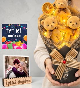Doğum Günü Hediyesi Kişiye Özel Fotoğraflı LED Işıklı Kahve Peluş Ayıcık Buketi