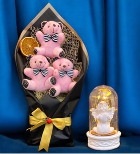 Pembe Peluş Ayıcıklı Büyük Boy Ayıcık Buketi ve Led Işıklı Tasarım Fanus  Ayıcık Buketi (Model 1)