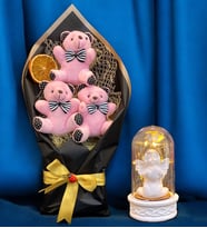 Pembe Peluş Ayıcıklı Büyük Boy Ayıcık Buketi ve Led Işıklı Tasarım Fanus  Ayıcık Buketi (Model 1)