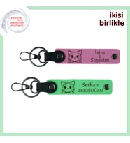 Patili Eşine Sevimli Sürpriz, Kedi Motifli Deri Anahtarlık Takımı, Pembe-Fıstık Yeşil