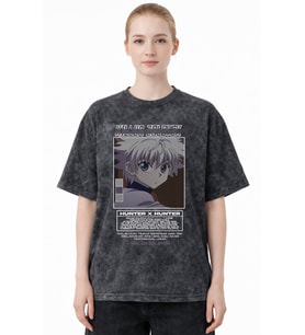 Tasarım Killua Zoldyck Hunter X Hunter Anime Baskılı Unisex Oversize Eskitme Yıkamalı Tişört