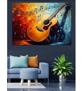 Gitar Ve Notalar Renkli Patlama Dekoratif Kanvas - Mdf Ahşap Tablo