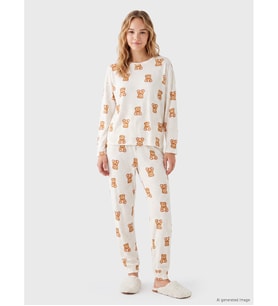 LCW Young Ekru Ayıcık Desenli Kadın Pijama Takım