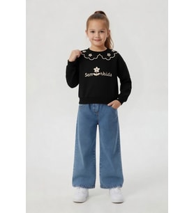 Ekru Yakası Çiçek Nakışlı Badili Jean Pantolonlu Kız Çocuk Takım 24569