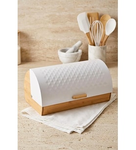Bambu Gövdeli Beyaz Pane Ekmek Dolabı 38x25x18.5 cm - Mekanizmalı Metal Kapaklı Ekmeklik