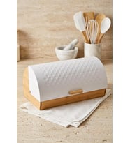 Bambu Gövdeli Beyaz Pane Ekmek Dolabı 38x25x18.5 cm - Mekanizmalı Metal Kapaklı Ekmeklik