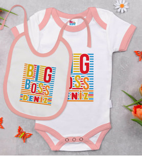 BK Kids Kişiye Özel Big Boss Tasarımlı Pembe Bebek Body Zıbın ve Mama Önlüğü Hediye Seti