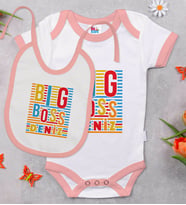 BK Kids Kişiye Özel Big Boss Tasarımlı Pembe Bebek Body Zıbın ve Mama Önlüğü Hediye Seti