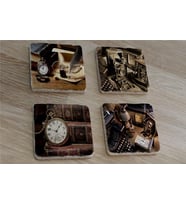 Köstekli Saat Daktilo Fotoğraf Makinesi Tüy Kalem Doğal Taş Bardak Altlığı 4'lü set - Natural Stone Coasters