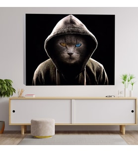 Renkli Gözlü Kapşonlu Kedi Adam Dekoratif Kanvas Tablo