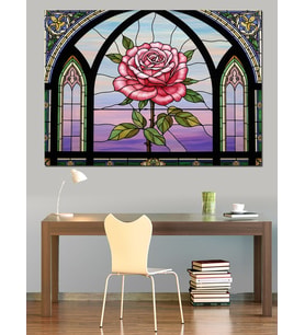 Vitray Pencere İçinde Pembe Gül Dekoratif Kanvas - Mdf Ahşap Tablo