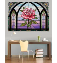 Vitray Pencere İçinde Pembe Gül Dekoratif Kanvas - Mdf Ahşap Tablo