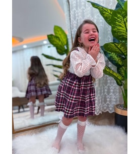 Cg Kids Ekose Askılı Jile ve Beyaz Gömlek Takım 2 Parça Kız Çocuk Şık Kombin (Bordo)