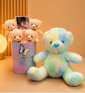 Kişiye Özel Fotoğraflı Gökkuşağı Pastel Rüyası Peluş Ayıcık Buketi Peluş Ayıcık