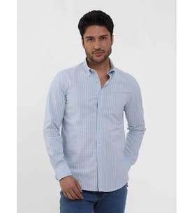 Dufy Mavi Erkek Slim Fit Çizgili Düğmeli Yaka Uzun Kol Gömlek - 104900