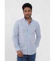 Dufy Mavi Erkek Slim Fit Çizgili Düğmeli Yaka Uzun Kol Gömlek - 104900
