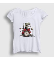 Presmono Kadın Beyaz Dinos Dinozor Drums Bateri T-Shirt 370867tt (Beyaz)
