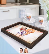 BK Gift Kişiye Özel Sevgililer Karikatürlü Doğal Ahşap Tepsi ve 2’li Kahve Fincan Seti-30