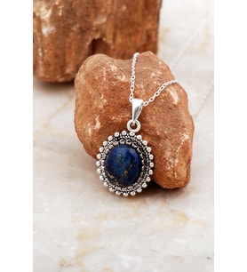 Lapis Lazuli Taşlı Telkari Elişi Oval Gümüş Kolye 8033
