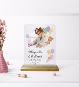 BK Gift Kişiye Özel Fotoğraflı Hoşgeldin Bebek Tasarımlı Ahşap Standlı Çerçeve Pembe-2