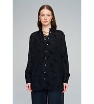 Kadın Yaprak Desenli Dökümlü Siyah Oversize Gömlek