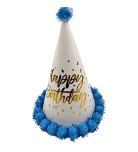 40 cm Baş Çevresi – 25 cm Mavi Varaklı Ponponlu Happy Birthday Doğum Günü Şapkası