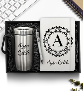 Kişiye Özel Çelik Bardak Termos & Defter & Plastik Kalem Hediye Seti (Krom)