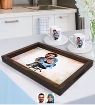 BK Gift Kişiye Özel Sevgililer Karikatürlü Doğal Ahşap Tepsi ve 2’li Kahve Fincan Seti-59