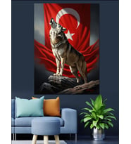 Türk Bayrağı Önünde Uluyan Kurt Dekoratif Kanvas - Mdf Ahşap Tablo