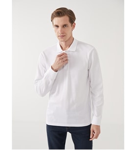 LCWAIKIKI Basic Beyaz Polo Yaka Uzun Kollu Pike Erkek Tişört