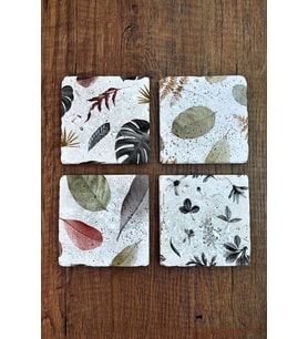 Taş Bardak Altlığı Yaprak Desen Baskılı 4'lü Set 10x10x1 Cm Stone Coasters 1