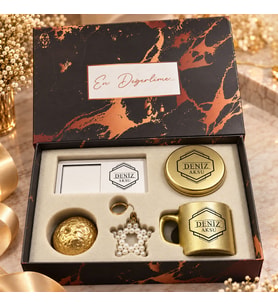 BK Gift Kişiye Özel İsimli Gold Kahve Fincanı & Mum & MDF Altlıklı Dekor & Anahtarlık - Hediye Kutulu Gold Set-3