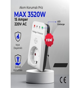15A 3520W Akım Korumalı Tekli Priz Aşırı Yüksek Gerilim Koruma Dijital Göstergeli