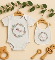 Pia Baby Premium %100 Pamuk İsme Özel Organik Baskılı Çıtçıtlı Bebek Body Ve Önlük 5017-20 (Ekru)