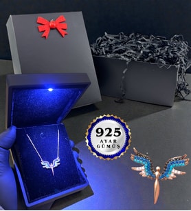 Işıklı Kutusunda 925 Ayar Gümüş Zirkon Taşlı Melek Kolye ve Siyah Hediye Kutusu