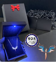 Işıklı Kutusunda 925 Ayar Gümüş Zirkon Taşlı Melek Kolye ve Siyah Hediye Kutusu