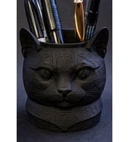 Plastik Kedi Figürlü Kalemlik, Geometrik Desenli (Siyah)